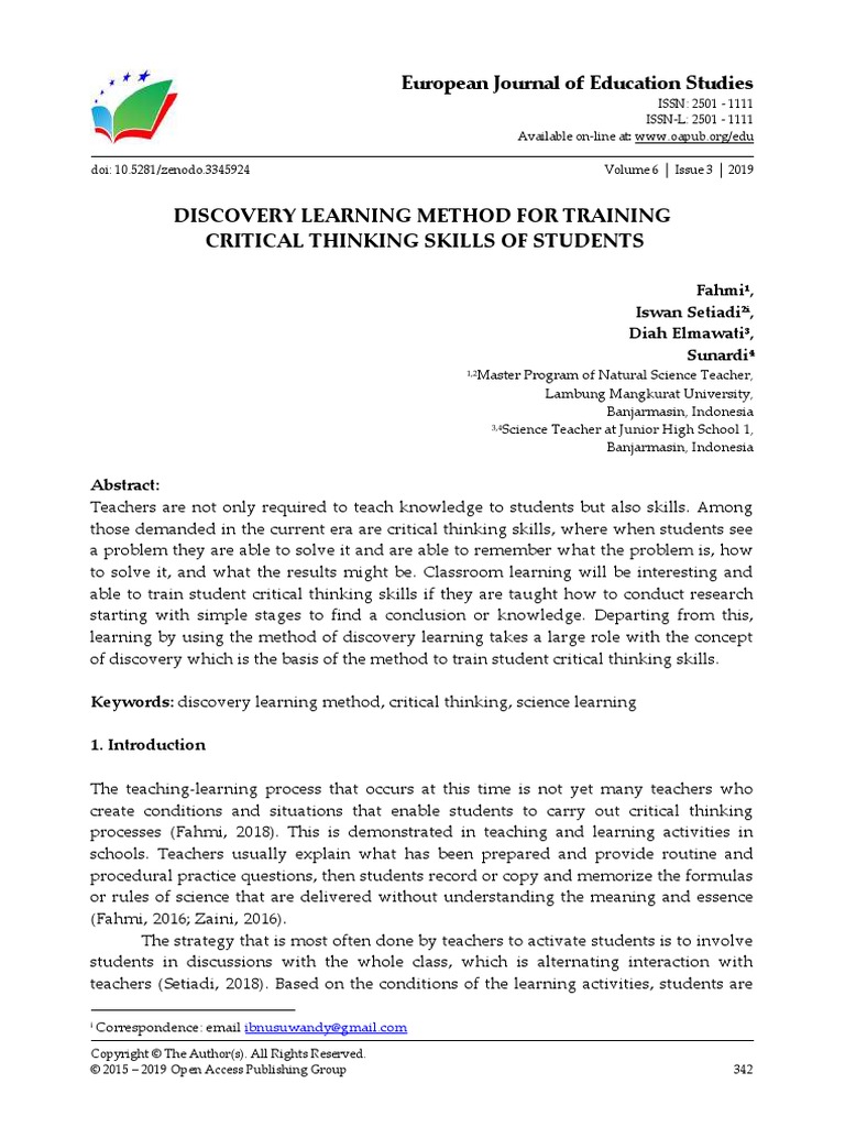 Discovery Learning Method For Training Critical Thinking Skills Of