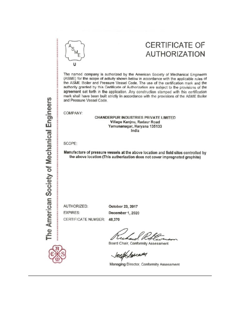 Asme U Stamp Certificate