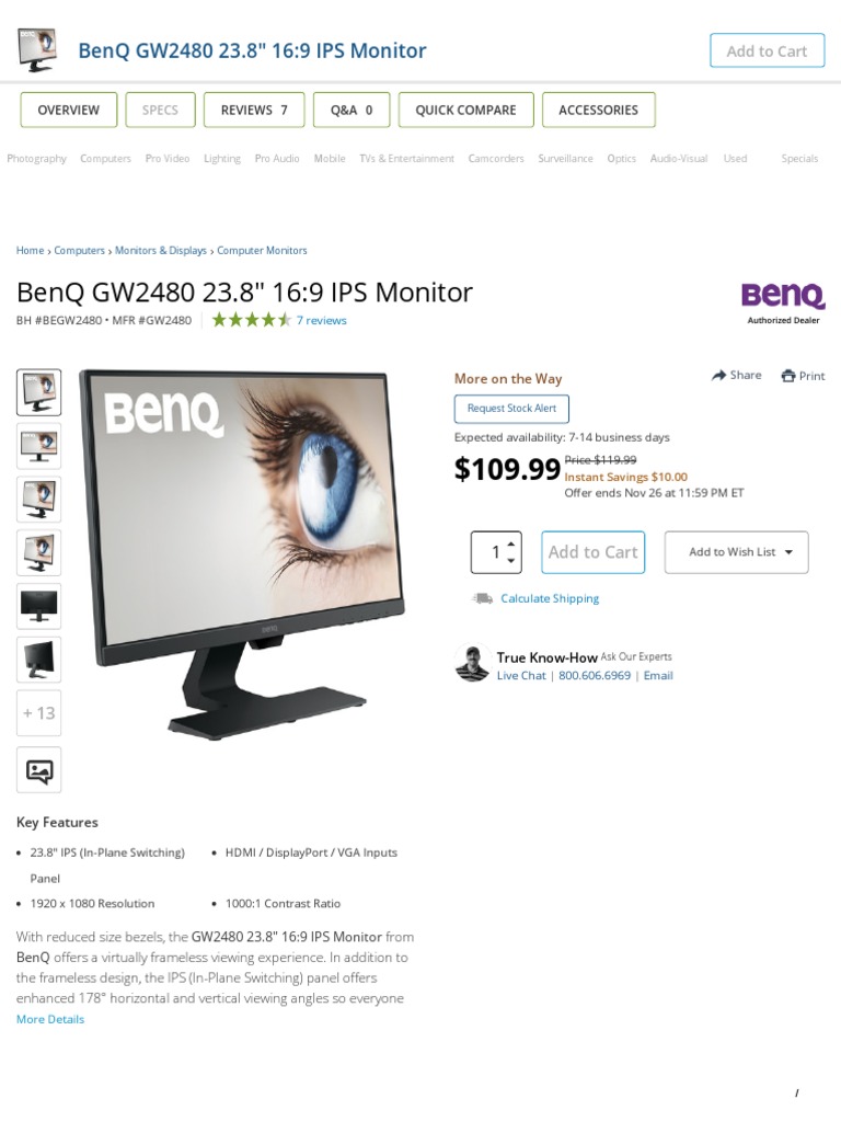BenQ GW2480 23.8 - 16 - 9 IPS Monitor GW2480 B&H Photo | PDF | Computer ...