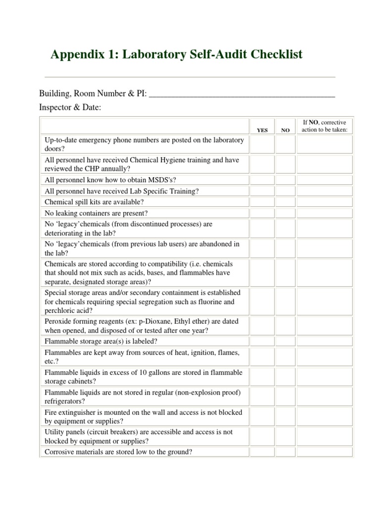 Laboratory SelfAudit Checklist PDF Laboratories Safety