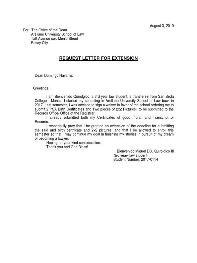 Request for Extension to Submit Required Documents to Continue Law ...
