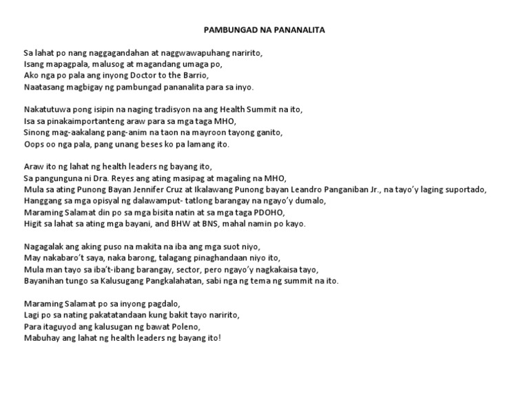 Pambungad Na Pananalita Pdf