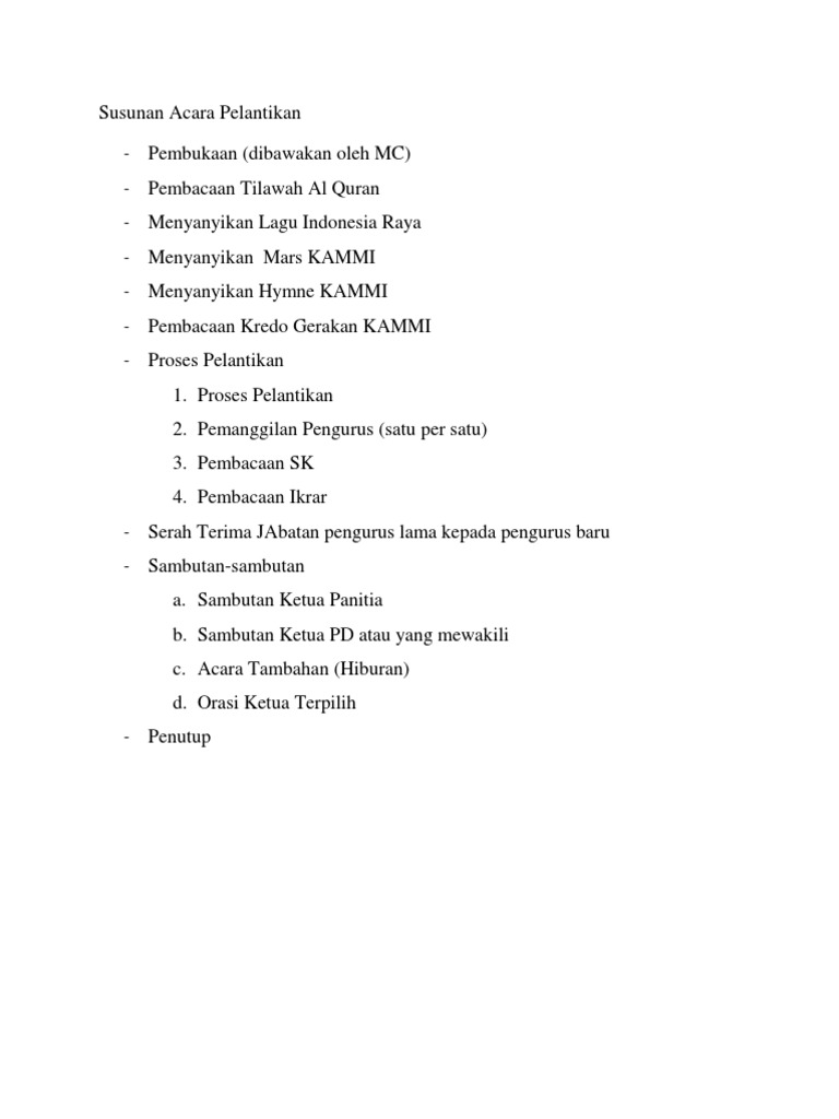 Susunan Acara Pelantikan