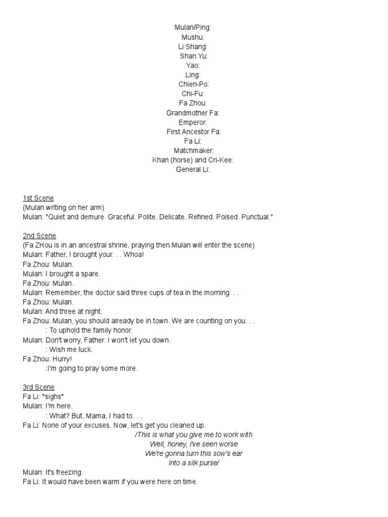 Musical Play Script Mulan | PDF