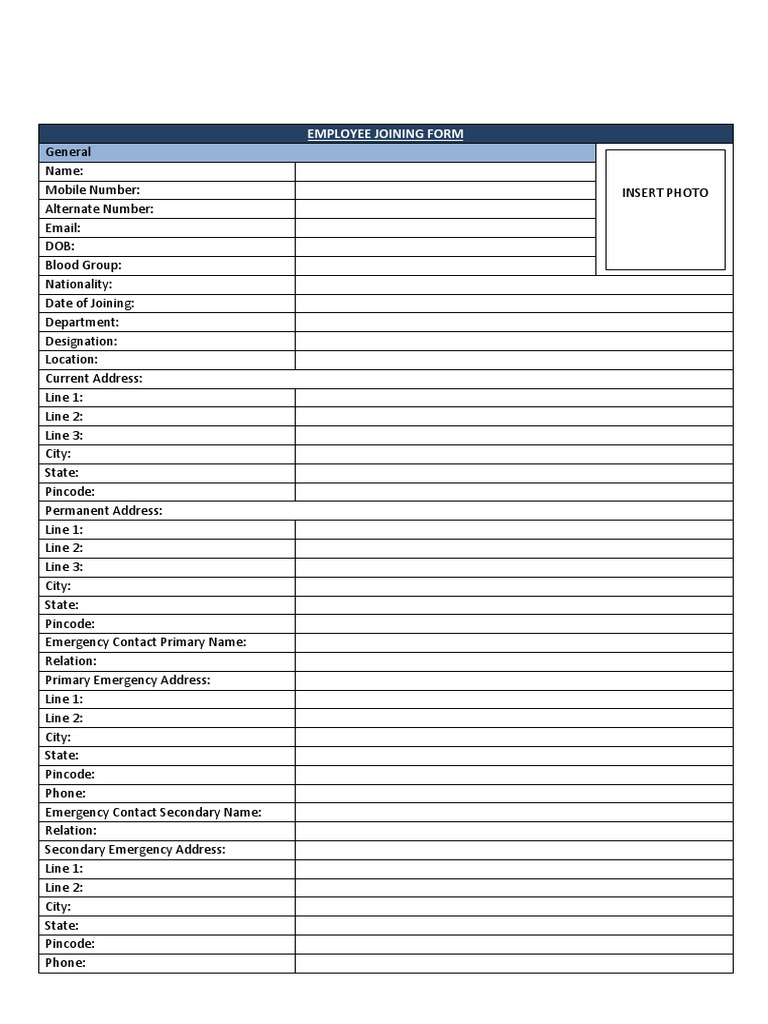 Standard Employee Joining Form PDF