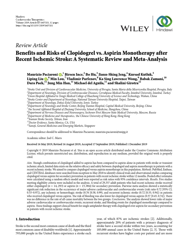 Benefit and Risks of Clopidogrel Vs Aspirin Monotherapy After Recent