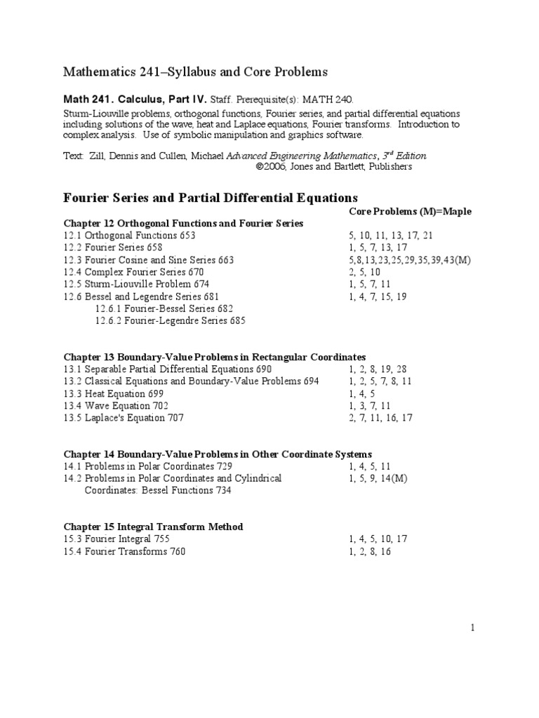 08 C Math 241 Syllabus | PDF | Fourier Series | Complex Analysis