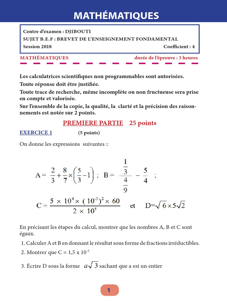 Sujets B.E.F Maths Djibouti 2024-2025 | PDF | Zone | Nage