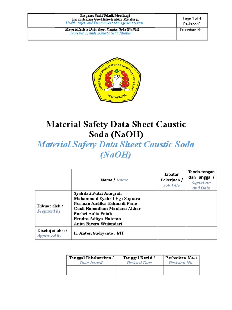 Cyanide and Caustic Soda Titration Procedure Material Safety Data Sheet