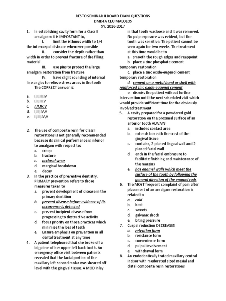 Resto Seminar II Exam Questions | PDF | Dental Composite | Human Tooth