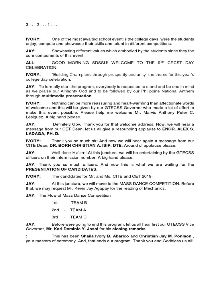 College Day Celebration Emcee Script | PDF
