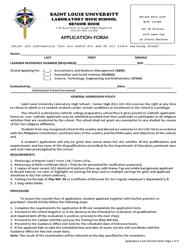 SLU Laboratory High School Senior High Application Form Revised 2019 PDF PDF Test