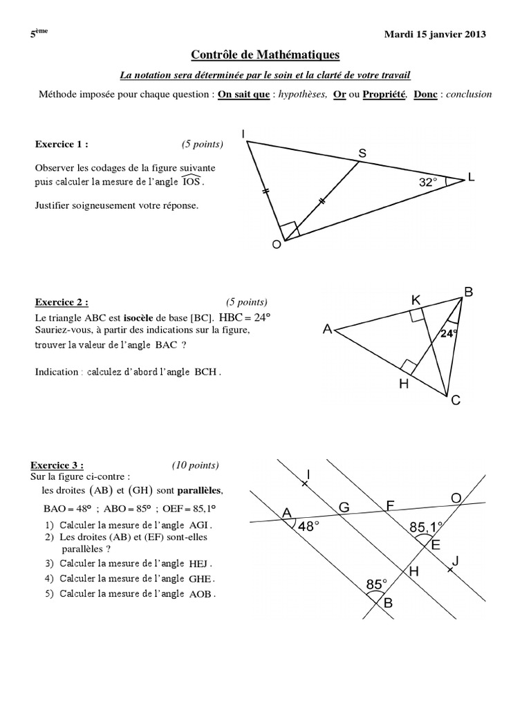 Calcul Angle Triangle Isocèle 5ème Chap 06 - Contrôle Corrige N° 2 PDF | PDF | Triangle | Fonction  trigonométrique