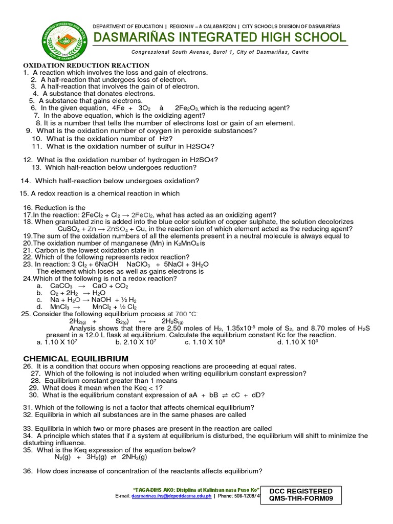 Redox Reactions and Chemical Equilibrium Guide | PDF | Redox | Chemical ...