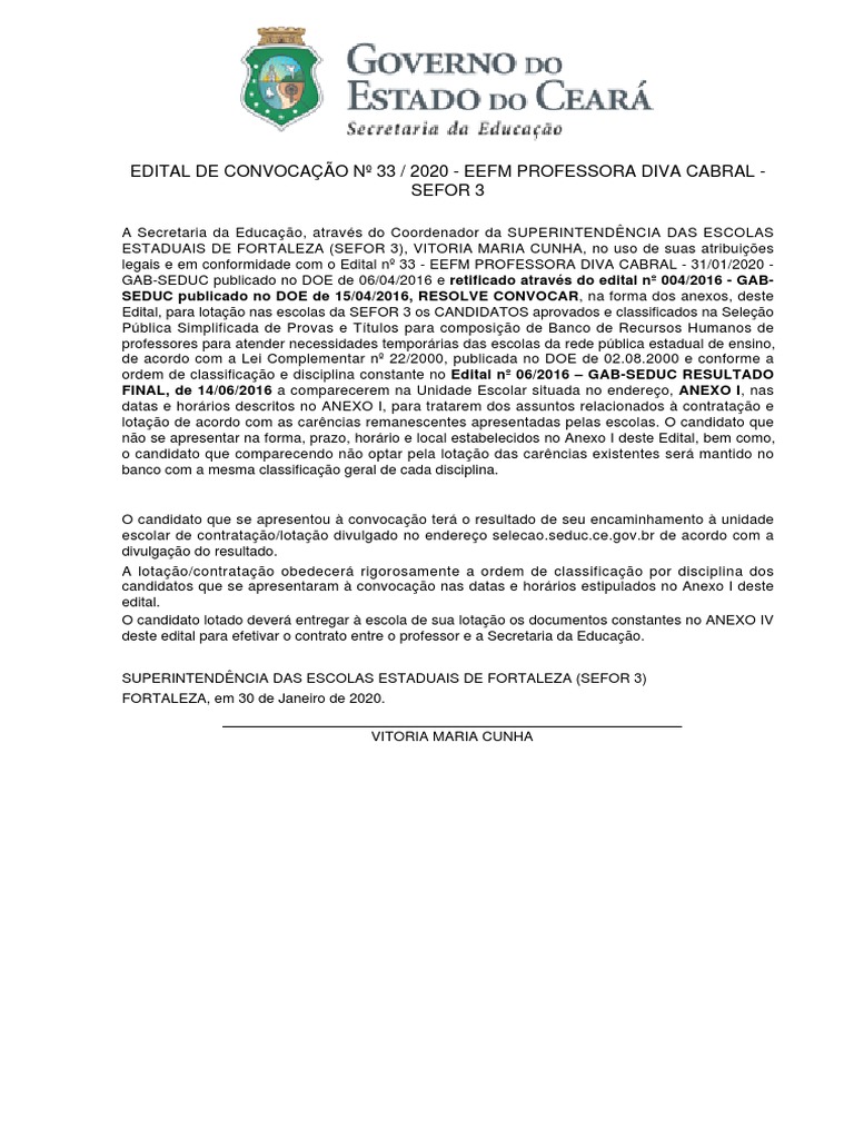 Convocação para Professores - EEFM Diva Cabral | PDF | Formação ...