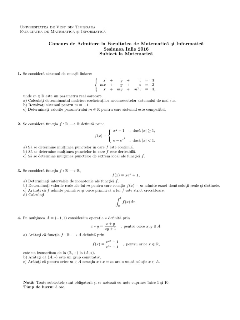 Subiecte Barem Matematica Admitere Iulie 2016 | PDF