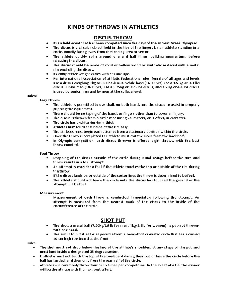 Types of Throws in Athletics | PDF | Track And Field | Leisure