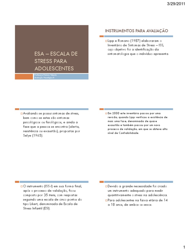 ESA - Escala de STRESS PARA ADOLESCENTES PDF | PDF | Estresse (Biologia ...