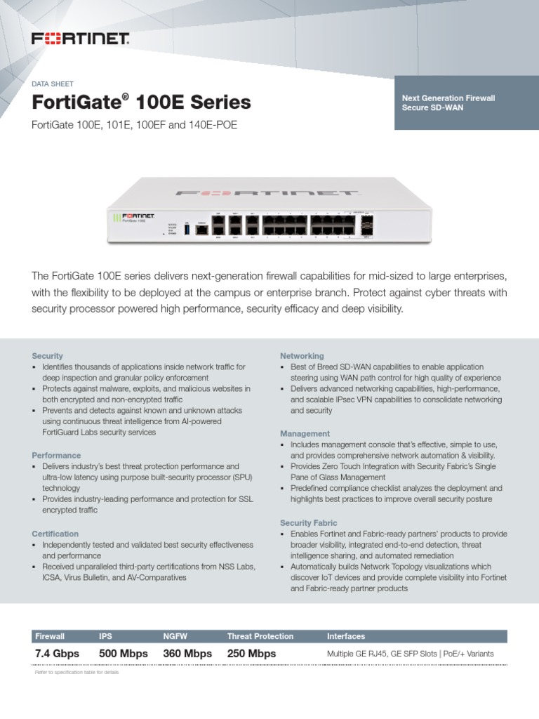 Datasheet FortiGate 100E PDF PDF Transport Layer Security