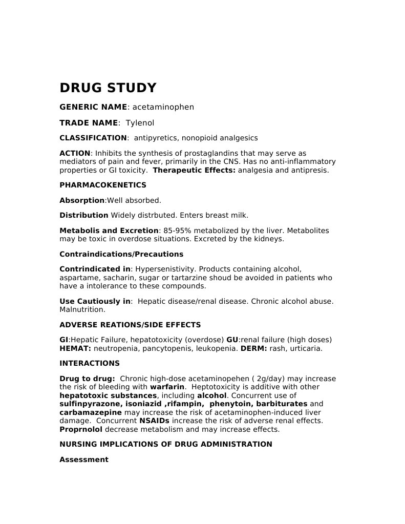 Drug Study GENERIC NAME Acetaminophen TRADE NAME Tylenol PDF Nonsteroidal Anti