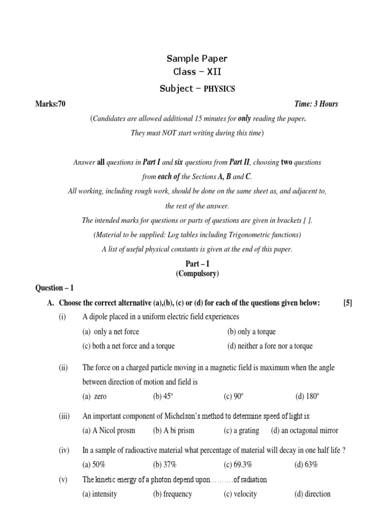 Class XII Physics Sample Paper | PDF | Speed Of Light | Electromagnetic ...