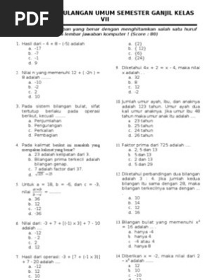 Soal Ujian Akhir Semester Matematika 7 Smt Ganjil