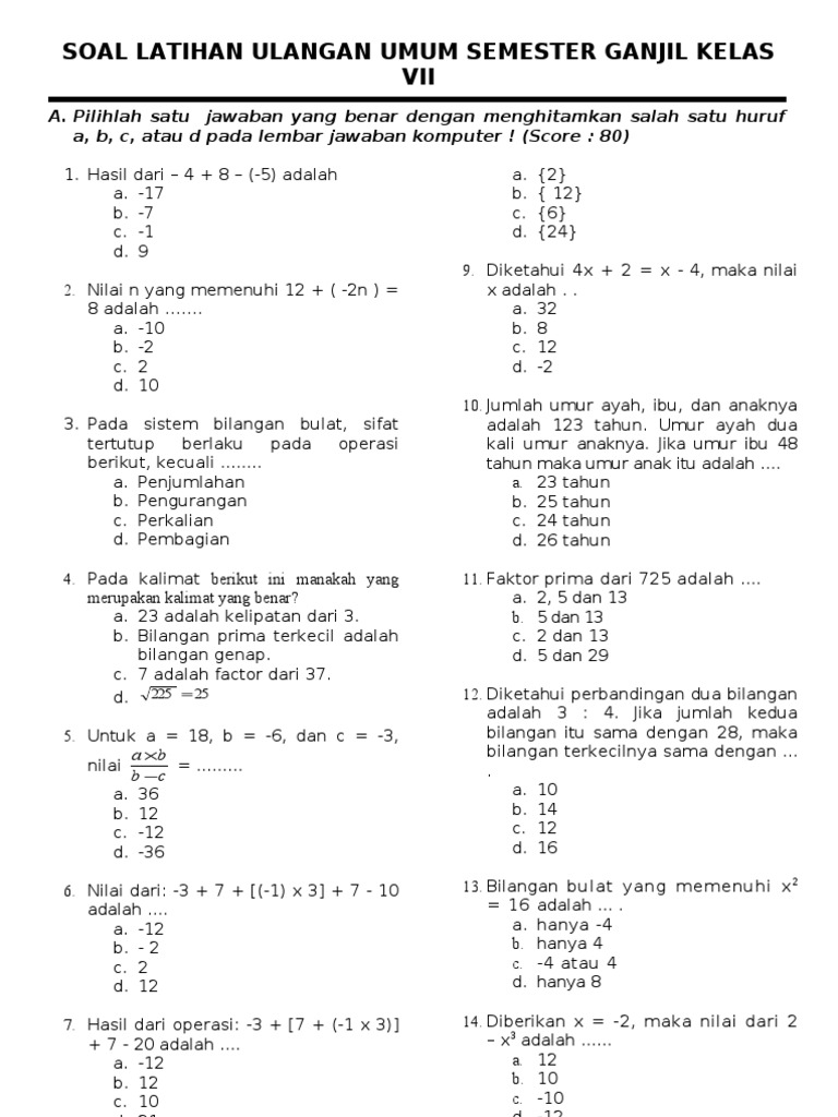 Soal Ujian Akhir Semester Matematika 7 Smt Ganjil