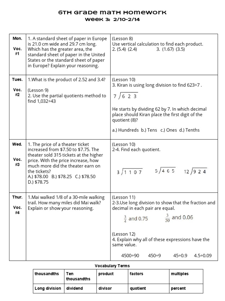 6th Grade Math Homework Week 3 | PDF | Division (Mathematics ...