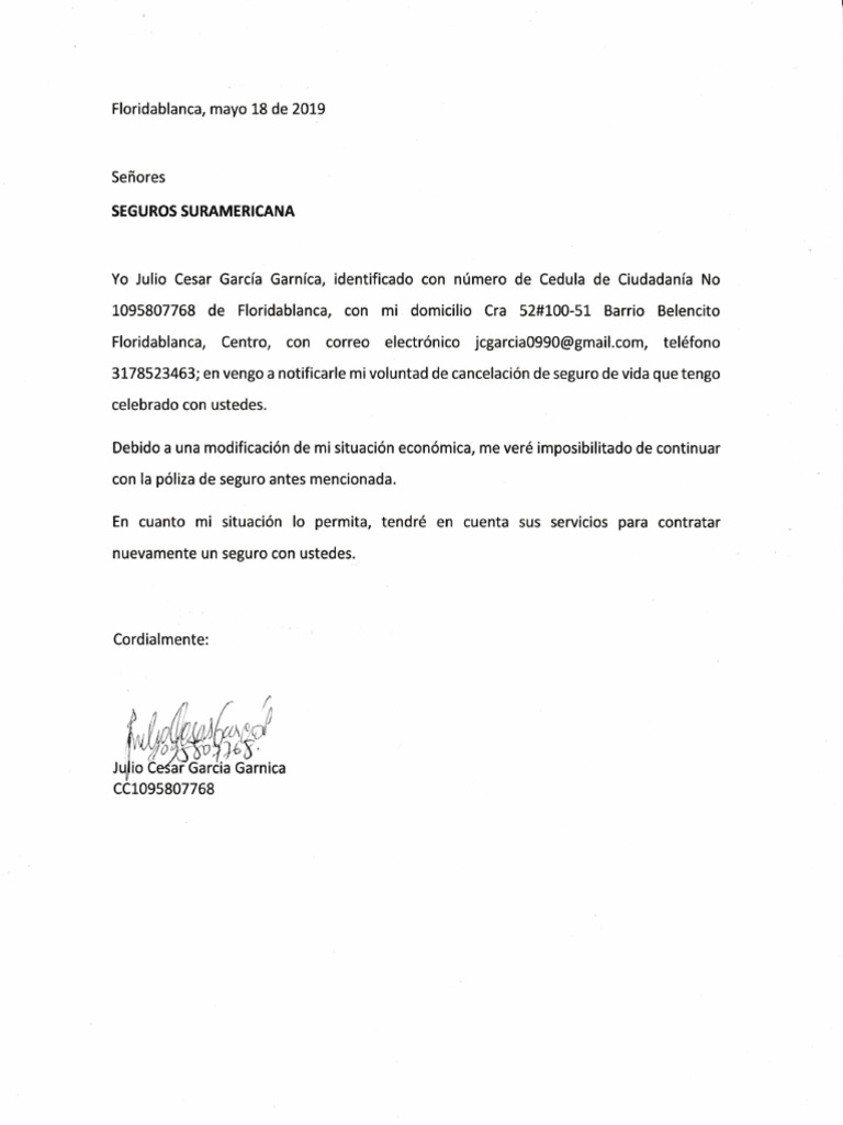 Carta Cancelacion Seguro de Vida PDF