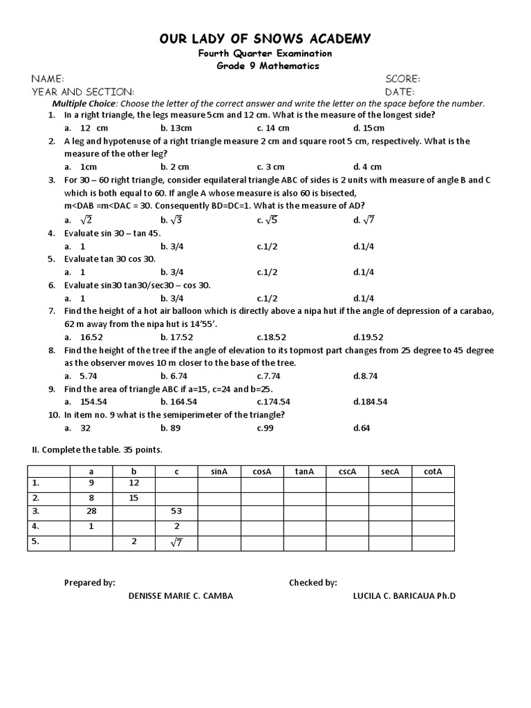 Grade 9 Math PDF Triangle Elementary Geometry