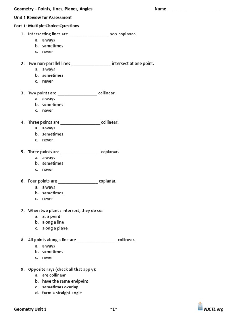 Unit 1 Geometry Review Questions | PDF | Line (Geometry) | Triangle