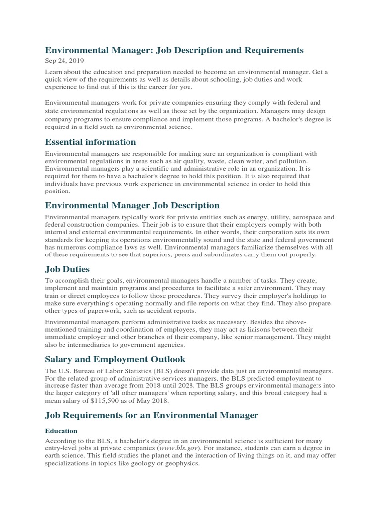 Environmental Manager Job Description PDF Waste Management Employment