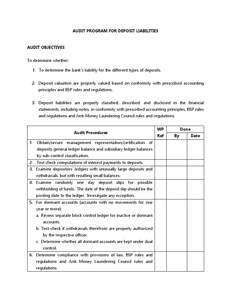 Substantive Testing For Deposit Liabilities PDF Deposit Account Financial Statement