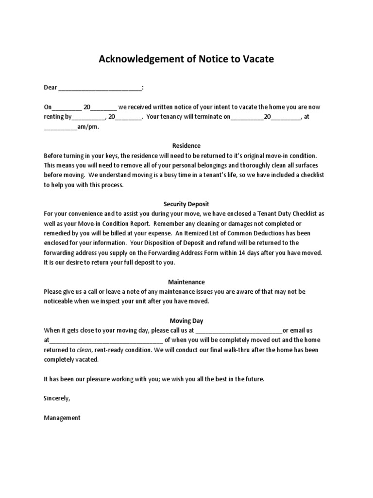 Acknowledgement of Tenant Move-Out Notice | PDF