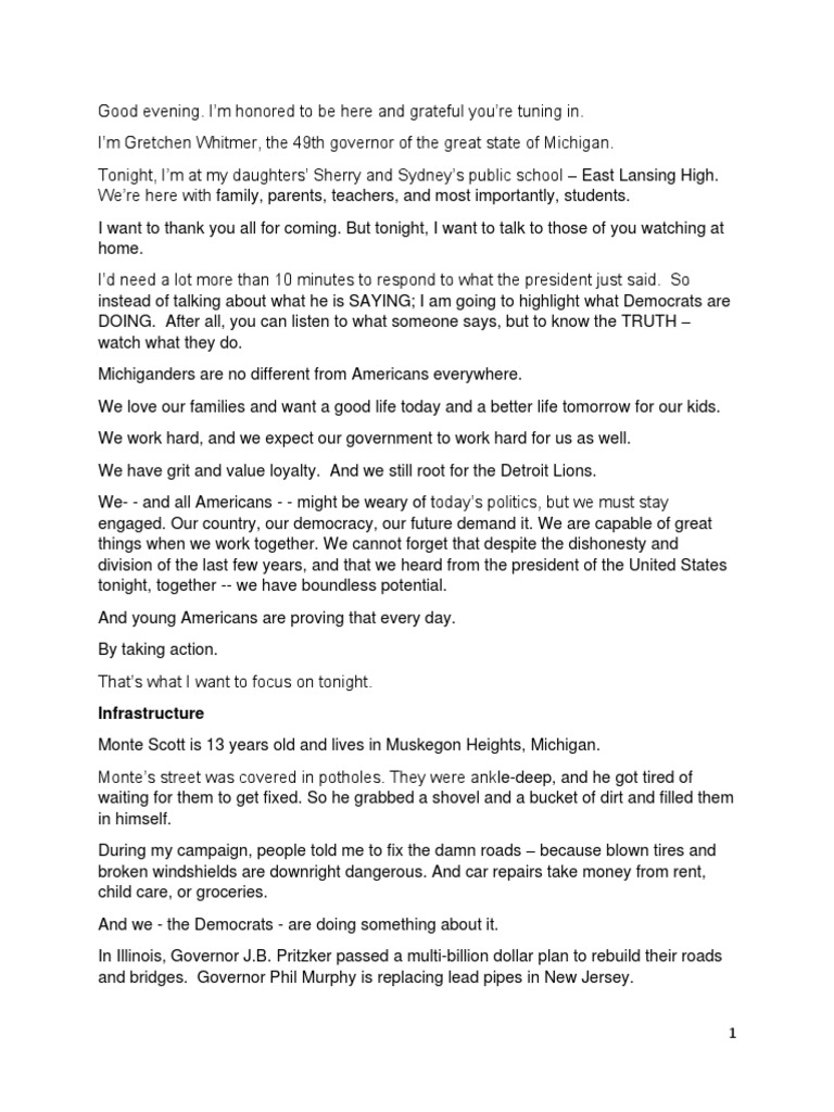 Governor Gretchen Whitmer Democratic Response To The State of The Union ...