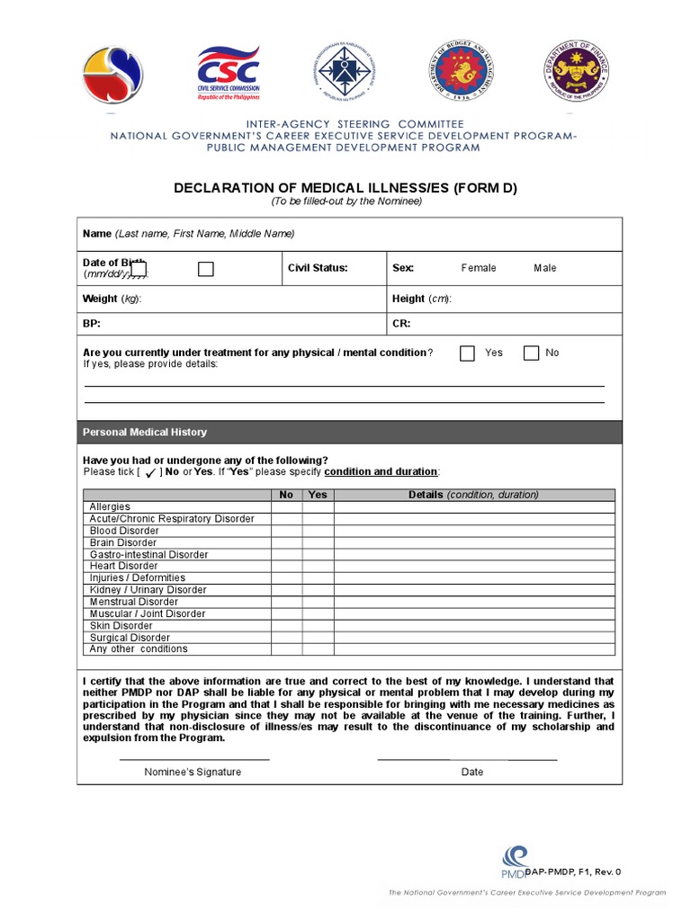 DAP PMDP Form D Declaration of Medical Illnesses | PDF