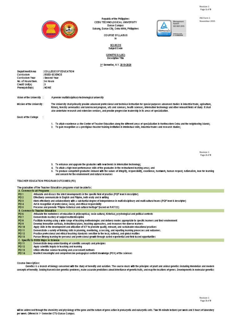 Genetics Course Syllabus Overview | PDF | Genetics | Dominance (Genetics)
