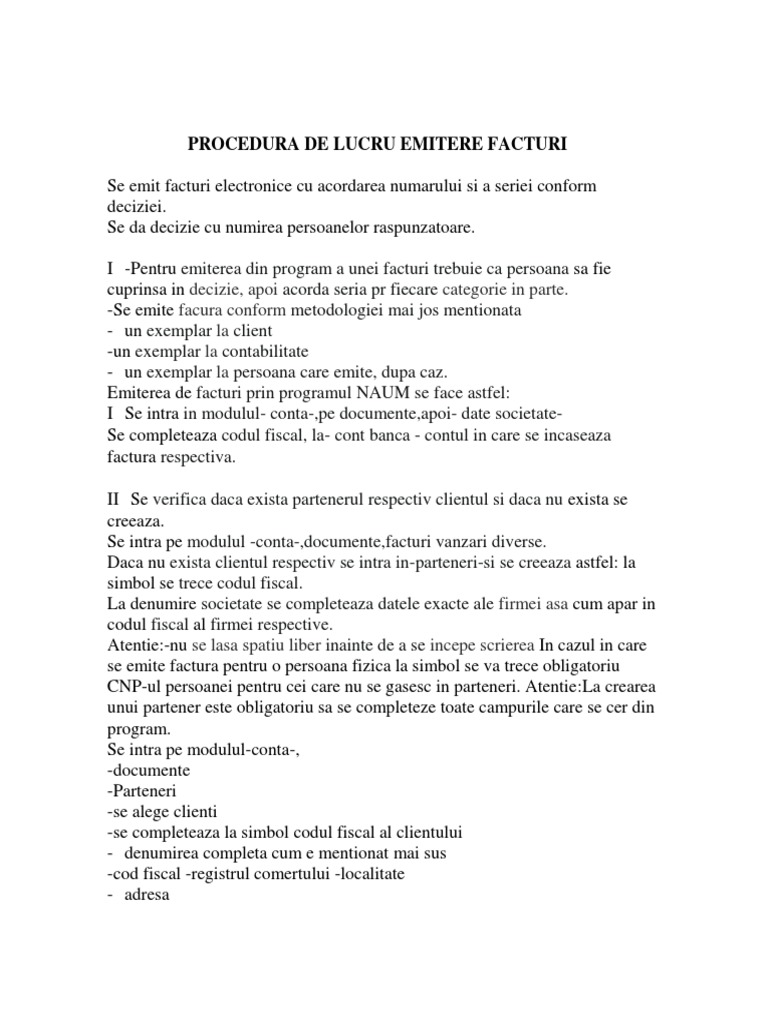 Procedura Emitere Facturi | PDF