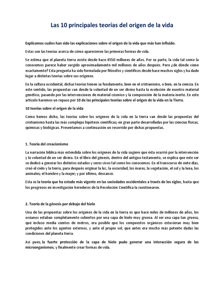 Las 10 Principales Teorías Del Origen de La Vida | PDF | Abiogénesis | Vida