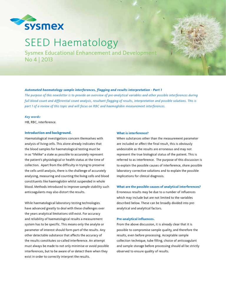 Sysmex SEED 4 2013 Automated Haematology Sample Interferences Flagging