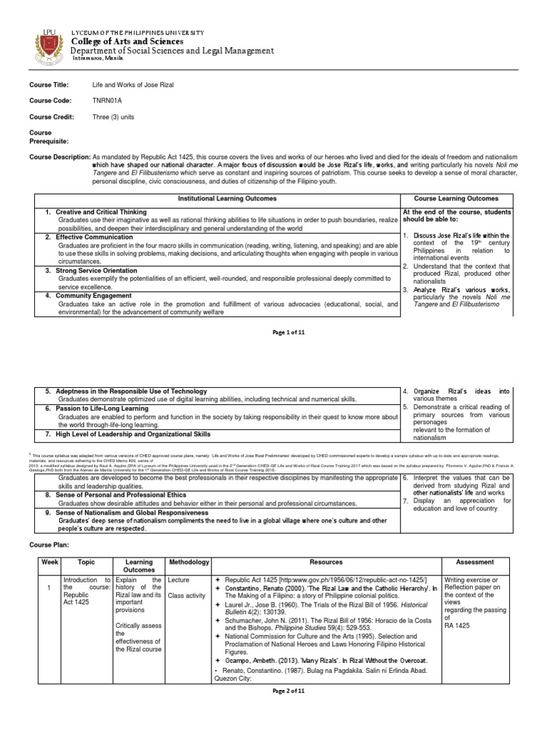 Life and Works of Jose Rizal Syllabus | PDF | Philippines | Manila
