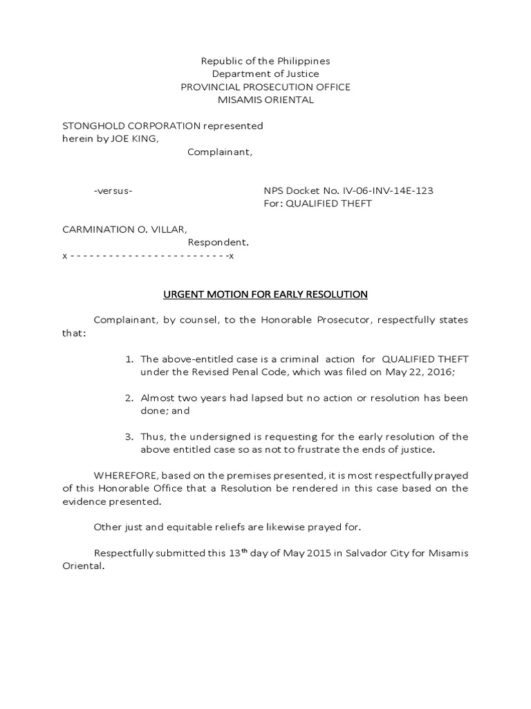 Urgent Motion for Early Resolution | PDF | Crime & Violence | Crime ...