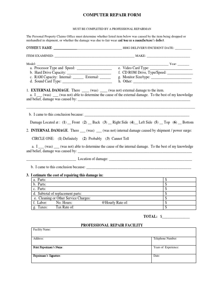 Assessing the Cause and Cost of Repairs: A Computer Repair Form | PDF |  Personal Computers | Digital Electronics