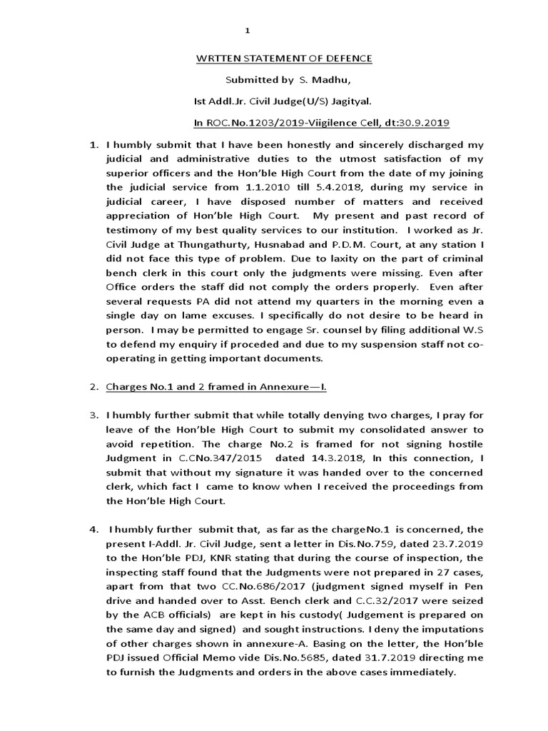 Written Statement of Defence Example | PDF | Judgment (Law) | Justice