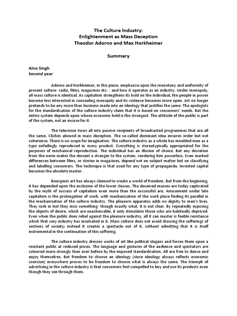 Summary of Theodor Adornos Culture Indus PDF Sociological Theories
