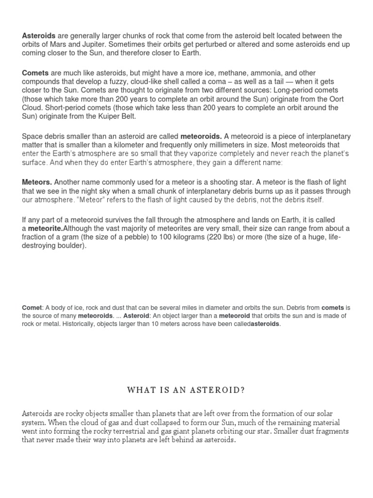 Asteroids, Comets, and Meteors Explained | PDF | Meteoroid | Comet