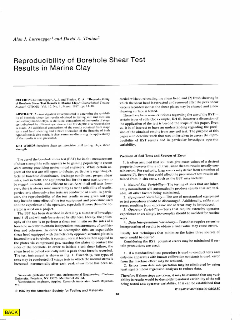 Repeatabilty of Borehole Shear Test Results PDF | PDF