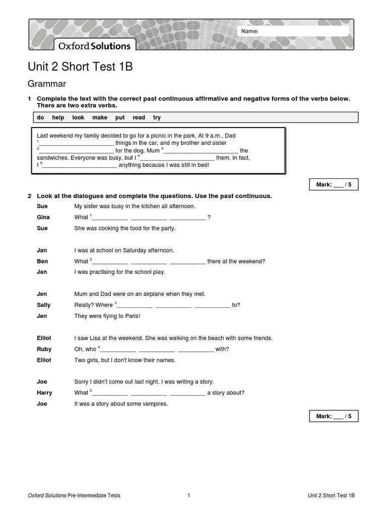 Oxford Solutions Pre Intermediate Test Unit 2