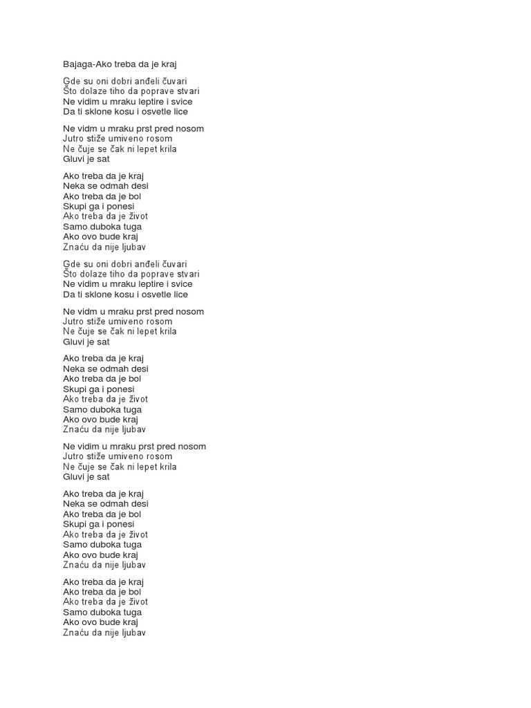 BAJAGA Tekst Pesme Ako Treba Da Je Kraj PDF