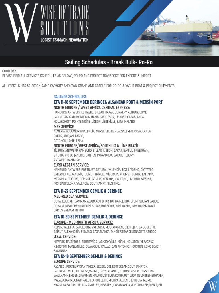 Sailing Schedules and Cargo Transport Options for Break Bulk and Roll